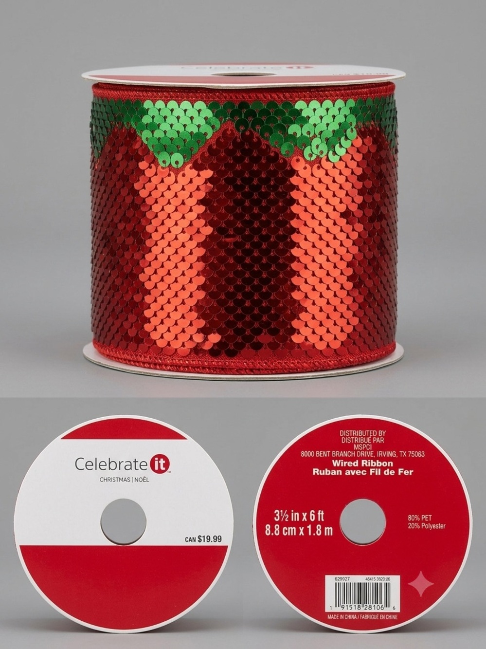 Celebrate It Christmas Red Green Sequin Wired Ribbon 3.5” x 6ft NEW